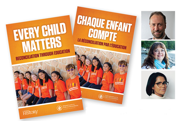 On the left are two magazine covers reading "Every Child Matters" and "Chaque Enfant Compte." On the right are three portraits, at the top is a man, the middle and bottom portrait are of women.