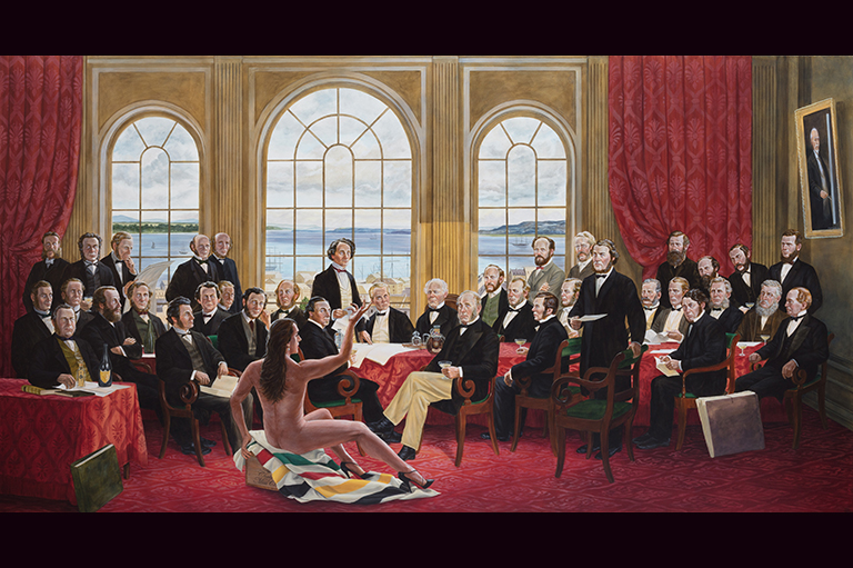 This image shows a painting by Kent Monkman called The Daddies.