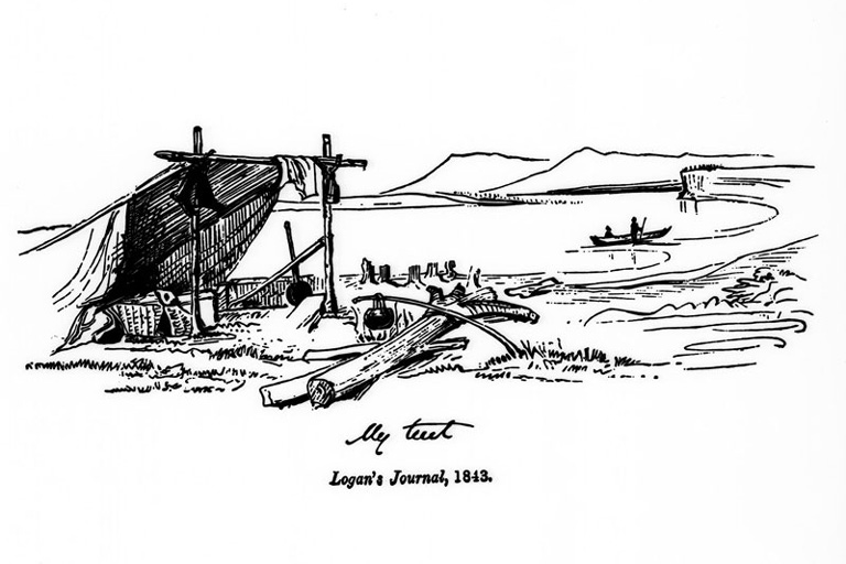 A sketch of an open tent near the coast. 