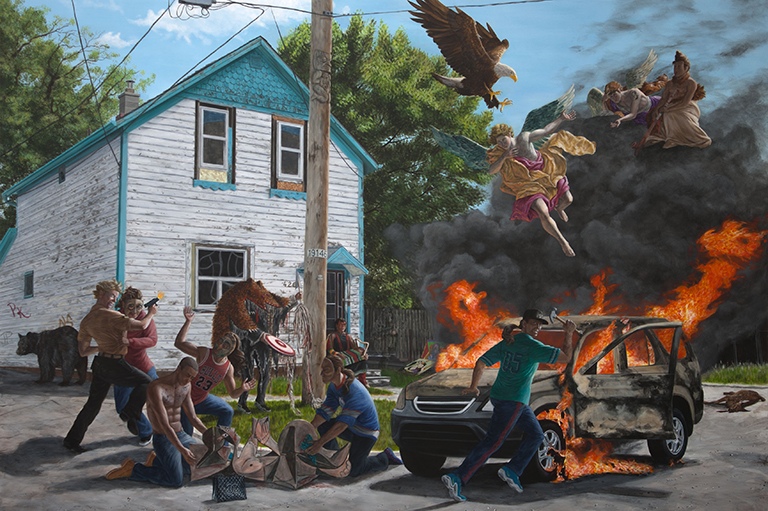 This image shows a painting by Kent Monkman called Struggle for Balance.