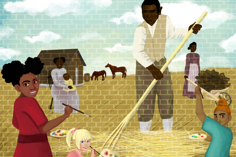 Colour illustration of mural showing black pioneers working the land.