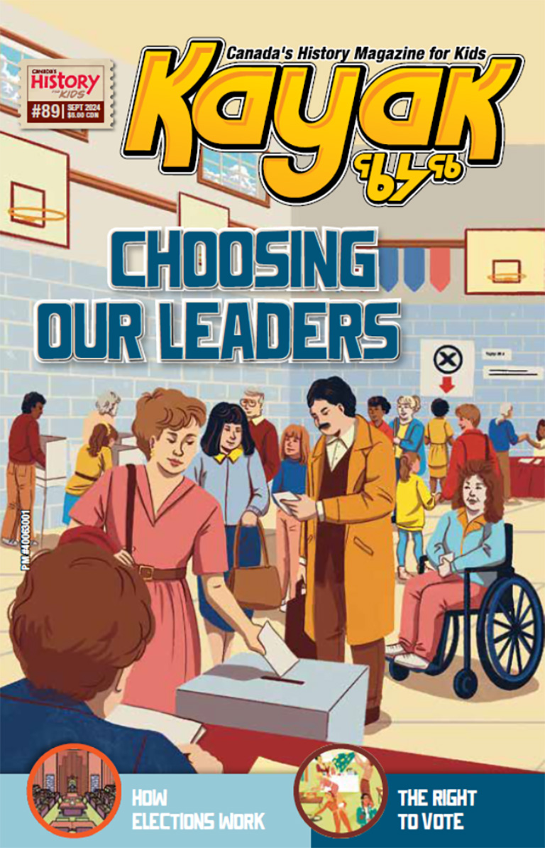 Cover of the September 2024 issue of Kayak. Colour illustration shows people preparing to put their ballot in the box.