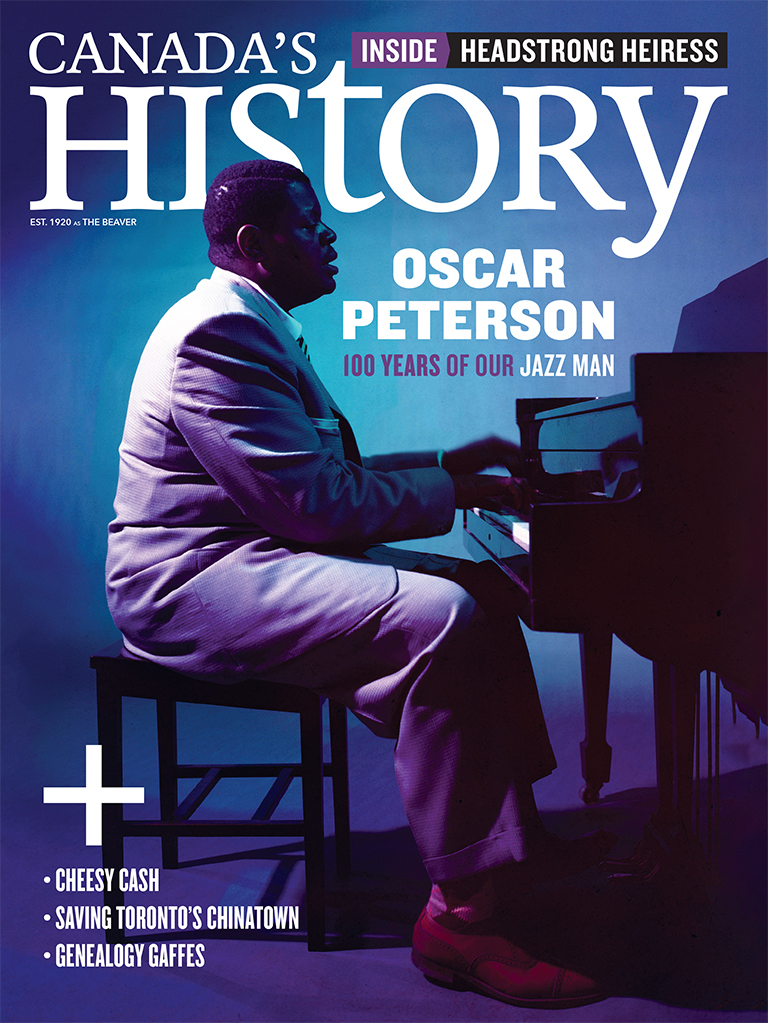 Cover of the February-March 2025 issue of <em>Canada's History</em> featuring a colour photo of Oscar Peterson against a blue background.