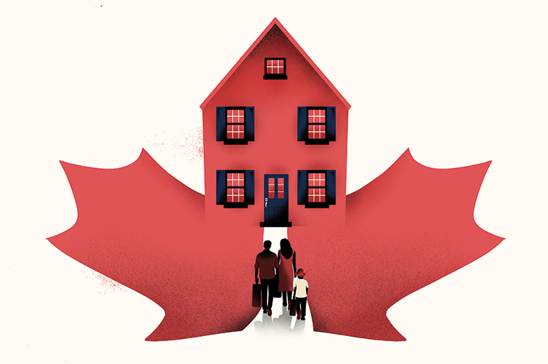 Illustration of family moving into a house shaped like a large maple leaf.
