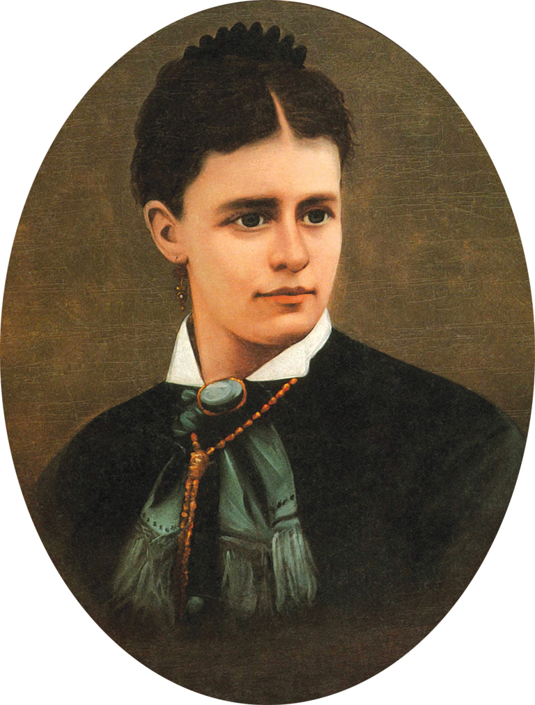 Paint of a woman with her hair in an updo. 