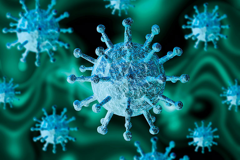 Rendering of the COVID-19 virus as it would look through a microscope.