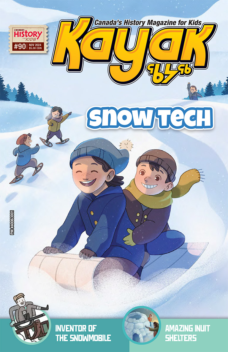 Colour illustration shows two kids toboganning and two kids in the background snowshoeing.