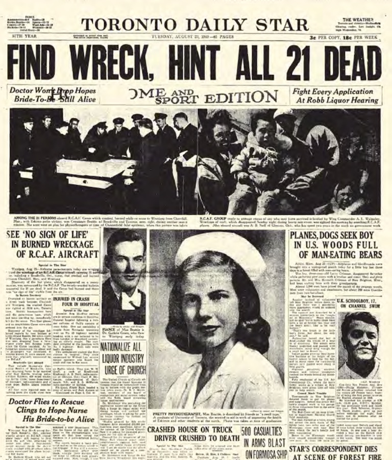 A newspaper front page from the 1940s shows a woman in a nursing uniform. The headline reads "Find Wreck, Hint All 21 Dead."