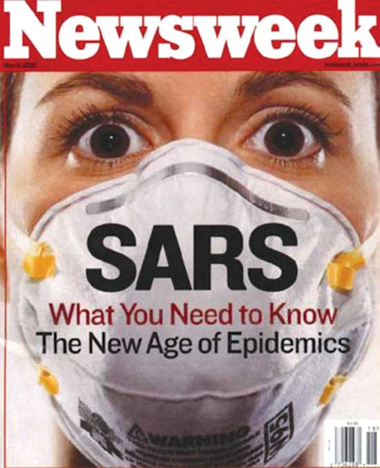 Newsweek magazine cover of a close-up of a woman's face with a mask on. The covers reads "SARS: What You Need to Know, The New Age of Epidemics."