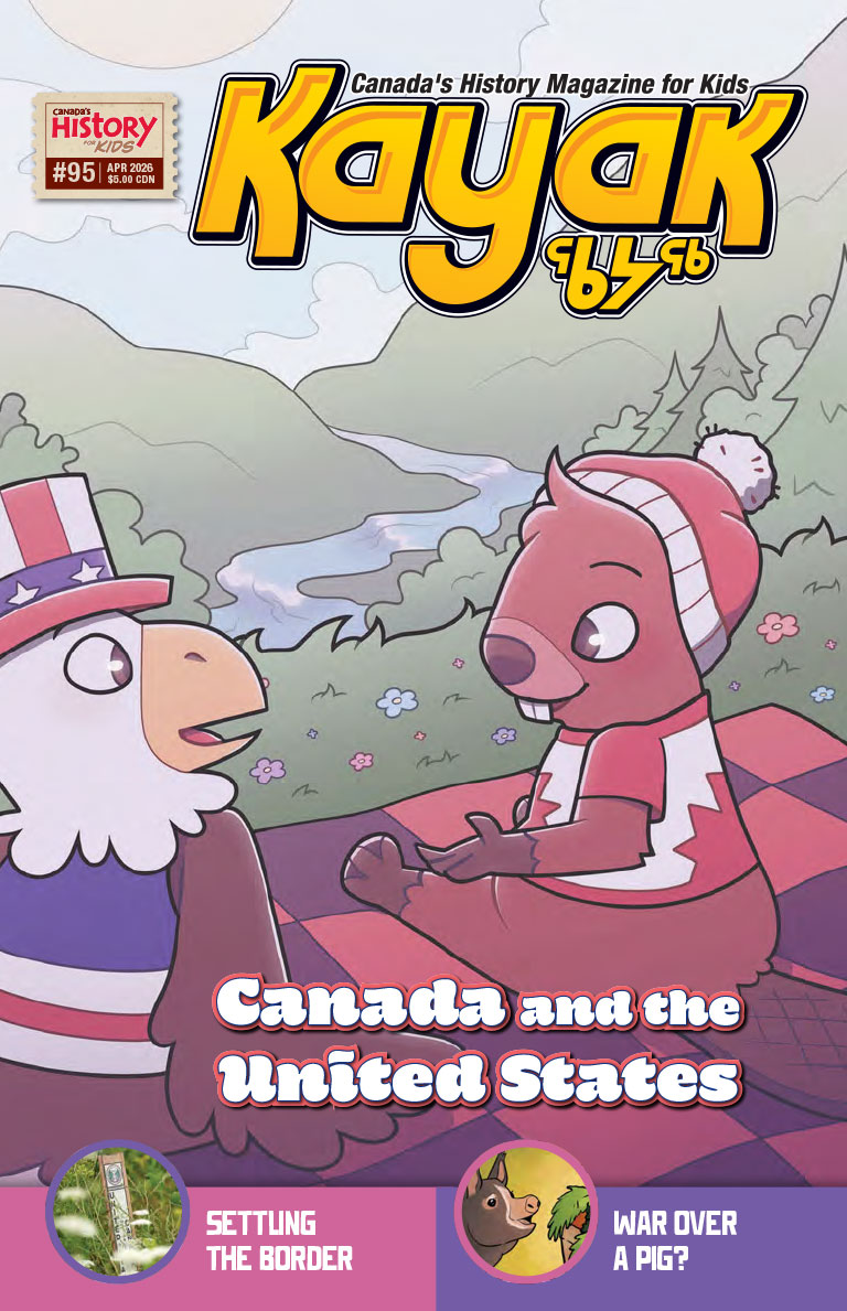 Cover of the April 2026 issue of Kayak. Colour illustration shows a cartoon eagle and beaver sitting on a blanket looking over a river.