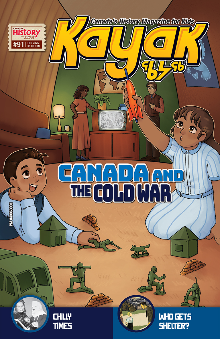 Cover of the February 2025 issue of Kayak. Colour illustration shows children playing with toy soldiers and a rocket.