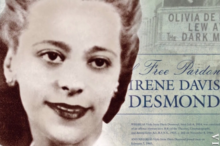 Composite of Viola Desmond, movie ticket and pardon request