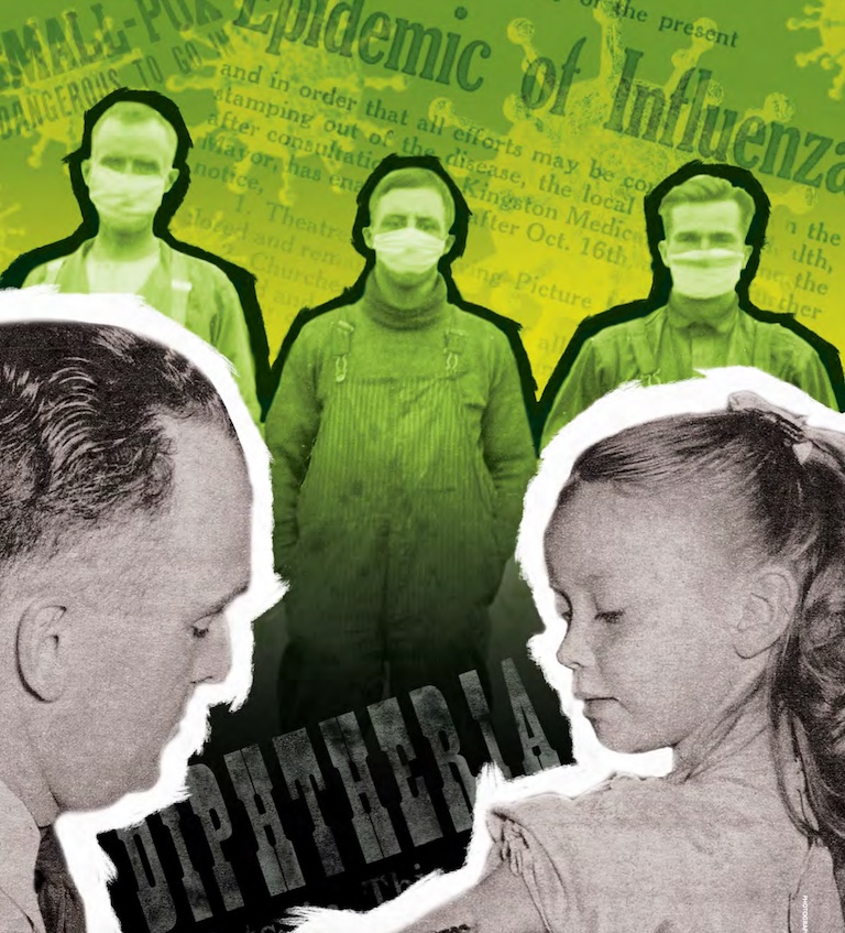 A doctor administers a needle to a young girl. There is a graphic of three men in overalls and masks imposed on the background. The background photo is tinged a bright green hue.