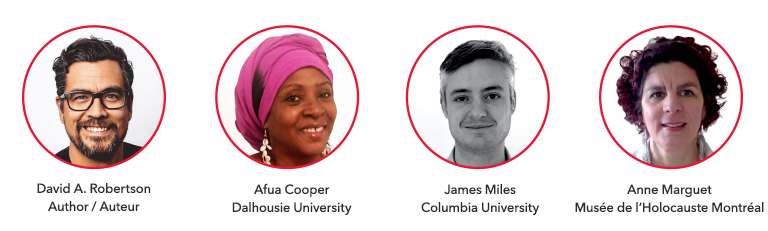 Four head shots of the guest speakers David A. Robertson, Afua Cooper, James Miles and Anne Marguet.