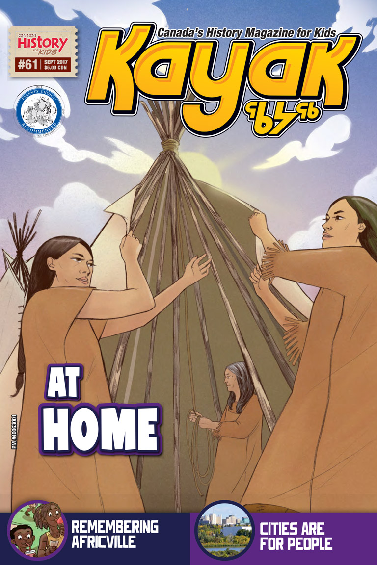Cover of issue 61 of Kayak magazines depicts three women assembling a tipi. 