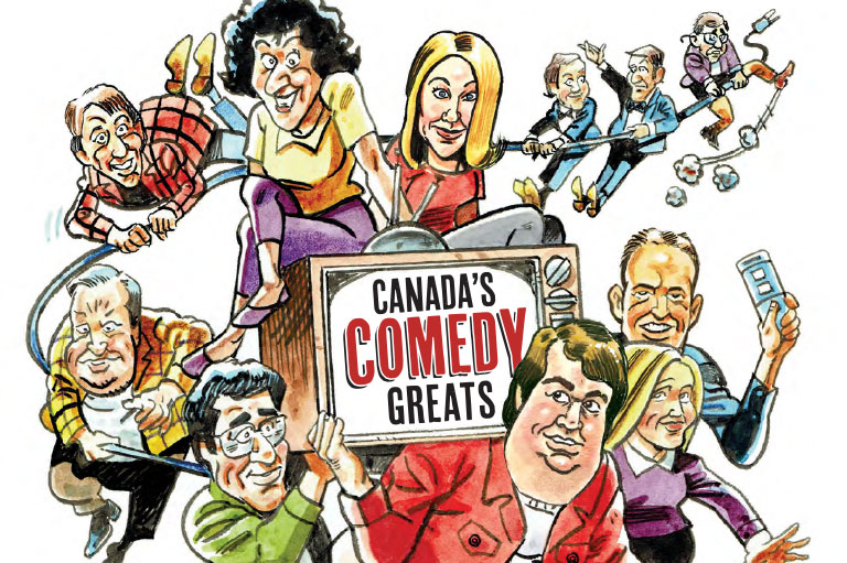 Colour caricatures of famous Canadian comedians.