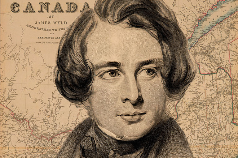 Sepia-toned illustration of Charles Dickens with a map of Canada behind him.