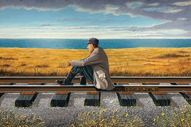 Colour illustration of a man in rubber boots sitting on train tracks while looking out on an ocean view.