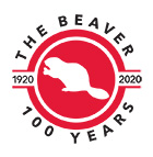100 Years of The Beaver - logo of red-filled circle with white beaver silhouette in the centre.