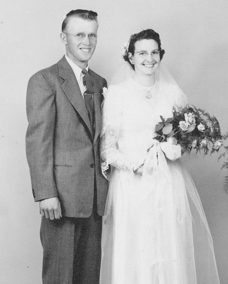 Alice Parker and George Brehon pose at their wedding in 1952.